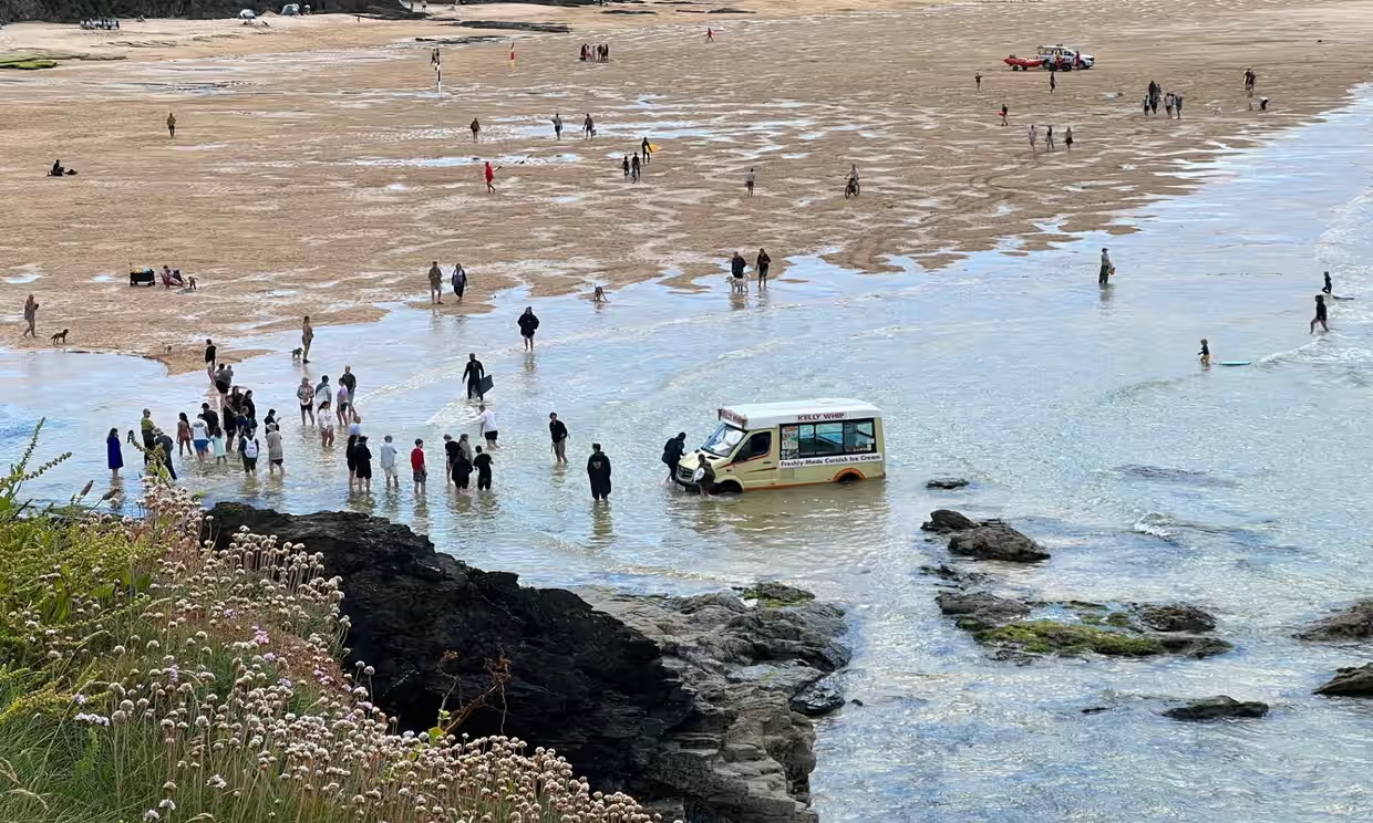 Beachgoers in Cornwall, UK, Save Ice Cream Truck from the Sea